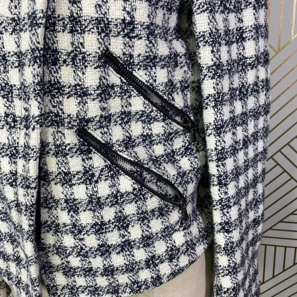 Zara Basic Checker Plaid Tweed Moto Jacket in Black & Cream Size US Medium - Picture 9 of 12